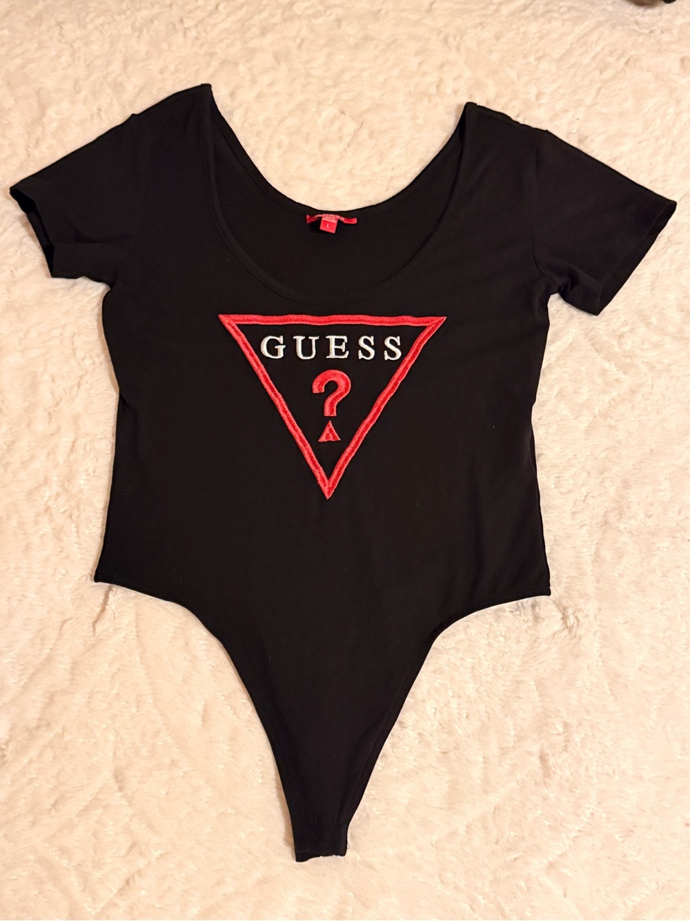 GUESS Black Scoop Neck Bodysuit with Red Triangle Logo